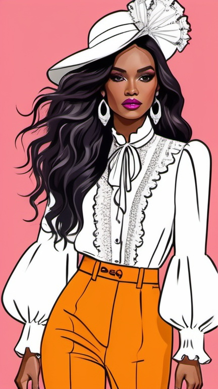 Prompt: professional fashion illustration portrait, feminine streetwear boho outfit, grunge rococo meets classic glam, sophisticated, bright vivid contrasting colors, long hair, ruffles, lace, puff sleeves, captivating silhouette