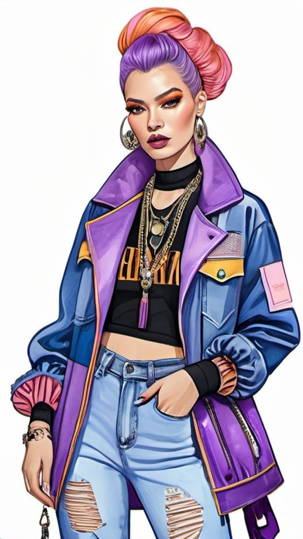 Prompt: professional fashion illustration portrait, dystopian streetwear boho outfit, grunge rococo meets classic glam, blues purples and pinks with a hint of orange and yellow, feminine