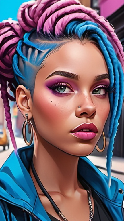 Prompt: professional fashion illustration portrait, attractive woman in an edgy blue dress on the street, dystopian streetwear style outfit, pink dreadlocks, hypnotizing brown eyes, grunge meets glam makeup, rosy cheeks, glistening skin, plump lips, fantastic realism, epic storytelling, bright vivid gradient colors, high contrast, highly detailed, crisp, 