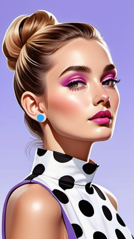 Prompt: professional fashion illustration portrait, contemporary utopian designer minimalism, short A-line dress with sophisticated stylized large polka dots, hair bun, voguish realism, lilac blue pink cream orange gold bright clear gradient colors, cinematic, vivid, pretty angelic face, uplifting, vibrant, joy, atmospheric perspective, high contrast, highly detailed, crisp, playful contrasting background,