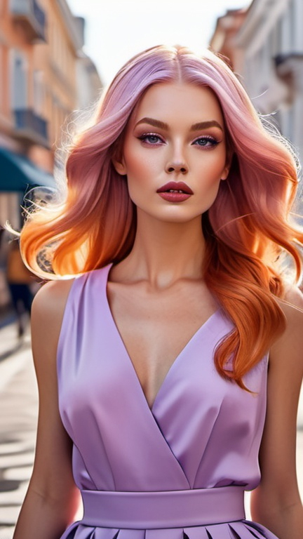 Prompt: professional fashion illustration portrait, classy voguish woman in a casual orange dress on the street, chic rococo minimalism, long shiny lilac hair, hypnotizing eyes, rosy cheeks, glistening skin, glossy plump lips, polished makeup, fantastic realism, epic storytelling, high contrast, highly detailed, crisp, 