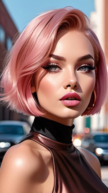Prompt: professional fashion illustration portrait, voguish woman in an edgy brown dress on the street, streetwear classy style, shiny pink hair bob, hypnotizing eyes, rosy cheeks, glistening skin, glossy plump lips, grunge meets glam makeup, colorful eyelashes, fantastic realism, epic storytelling, high contrast, highly detailed, crisp, 