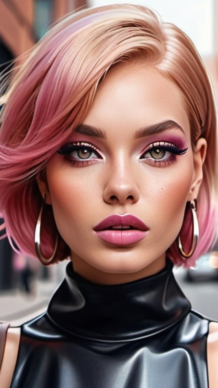 Prompt: professional fashion illustration portrait, voguish woman in an edgy brown dress on the street, streetwear classy style, shiny pink hair bob, hypnotizing eyes, rosy cheeks, glistening skin, glossy plump lips, grunge meets glam makeup, colorful eyelashes, fantastic realism, epic storytelling, high contrast, highly detailed, crisp, 