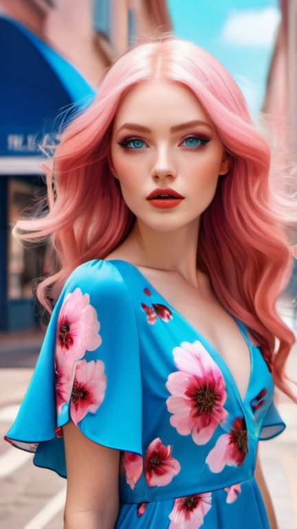 Prompt: captivating portrait, beautiful woman in a flowing floral dress on the street, elegant electric chic minimalism, pop surrealism, petite, burtonesque, long shiny pink hair, pretty blue eyes, rosy cheeks, glistening skin, full plump lips, perfect makeup, epic storytelling, fantasy, high contrast, highly detailed, crisp, 