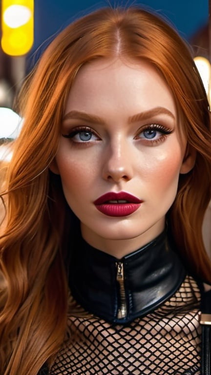 Prompt: professional portrait, attractive voguish woman in a leather and fishnet dress on the street at night, edgy chic elegant, aesthetic, long shiny ginger hair, pretty hypnotizing eyes, rosy cheeks, glistening skin, glossy plump lips, polished makeup, surrealistic realism, epic storytelling, high contrast, highly detailed, crisp, by Razumov, lowbrow art