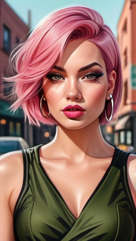 Prompt: professional fashion illustration portrait, attractive woman in an edgy olive green dress on the street, streetwear style outfit, pink hair bob, hypnotizing brown eyes, grunge meets glam makeup, rosy cheeks, glistening skin, plump lips, neo noir, fantastic realism, epic storytelling, high contrast, highly detailed, crisp, 