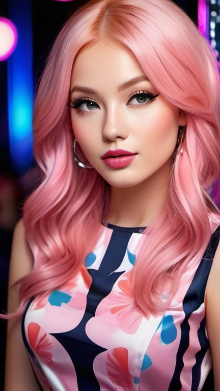 Prompt: professional portrait, young voguish woman in a print dress in a disco club, sweet chic elegant, sophisticated, long shiny pink hair, pretty hypnotizing eyes, rosy cheeks, glistening skin, glossy plump lips, polished makeup, shojo and chibi, surrealistic realism, epic storytelling, high contrast, highly detailed, crisp, 