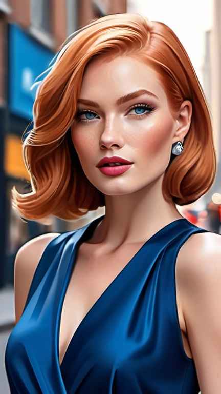 Prompt: professional fashion illustration portrait, voguish woman in a classy blue dress on the street, chic feminine streetwear style, shiny ginger hair bob, hypnotizing eyes, rosy cheeks, glistening skin, glossy plump lips, contemporary makeup, fantastic realism, epic storytelling, high contrast, highly detailed, crisp, 