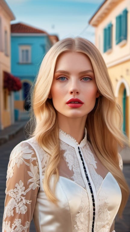 Prompt: professional portrait, attractive voguish woman in a silk and lace dress on the streets of picturesque coastal town, romantic chic minimalism, Wes Anderson aesthetic, long shiny blonde hair, pretty hypnotizing eyes, rosy cheeks, glistening skin, glossy plump lips, polished makeup, surrealistic realism, epic storytelling, high contrast, highly detailed, crisp, by Razumov, lowbrow art