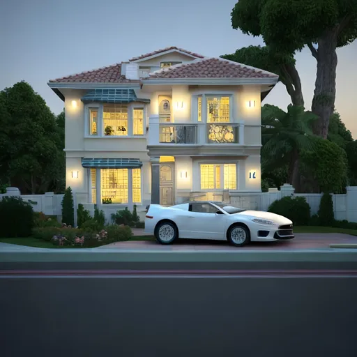 Prompt: Generate a high-resolution 3D model image depicting a realistic car positioned in front of a small house. The scene should be set against a clean white background. Emphasize intricate details, such as car design, architectural features of the house, and realistic lighting. Provide a sense of depth and perspective in the composition, ensuring that the car and house are seamlessly integrated into the scene. Output a visually appealing and coherent image that showcases the AI's ability to create a lifelike representation of this specific scenario.