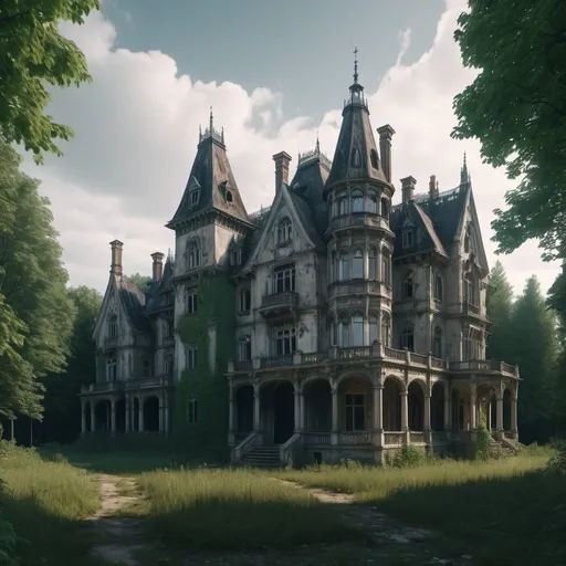 Prompt: Gigantic Abandoned Gothic mansion located inside clearing surrounded by Forrest. Photo realistic 4k image quality 