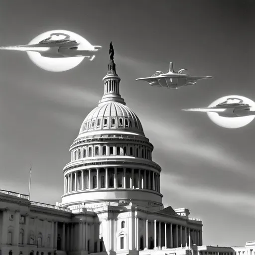 Prompt: Flying saucers over capital building in Washington DC black and white 50's sci fi movie 