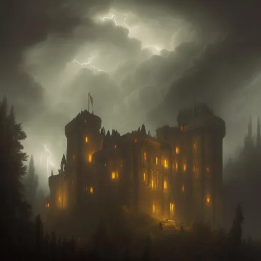 Prompt: Large imposing castle in a dark forest in a lighting storm in the style of a 19th century painting.