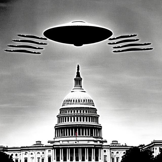 Prompt: Flying saucers over capital building in Washington DC black and white 50's sci fi movie 