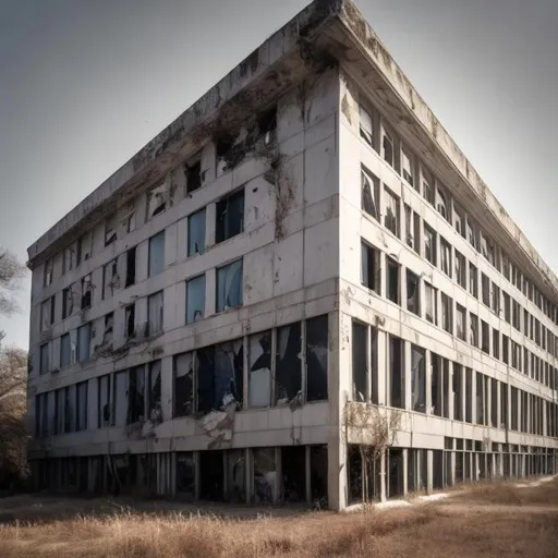 Prompt: Abandoned office building exterior 