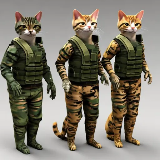 Prompt: Humanoid cats in combat fatigues