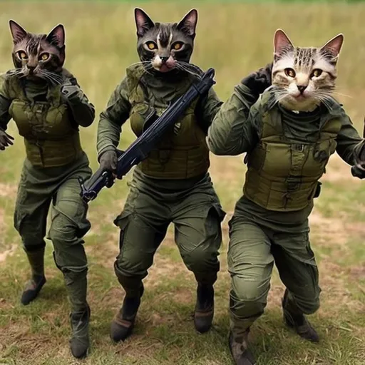 Prompt: Humanoid cats in combat fatigues