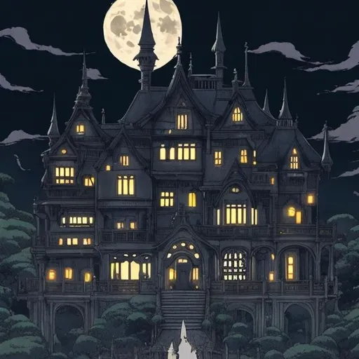 Prompt: Studio ghibli dark gothic mansion on a hill on the night of a full moon 