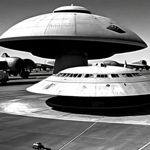 Prompt: Flying saucer outside of a US airforce airplane hanger surrounded by airforce personnel 1950's. Photo realistic black and white 
