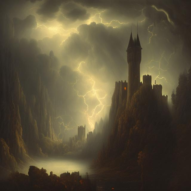 Prompt: Large imposing castle in a dark forest in a lighting storm in the style of a 19th century painting.