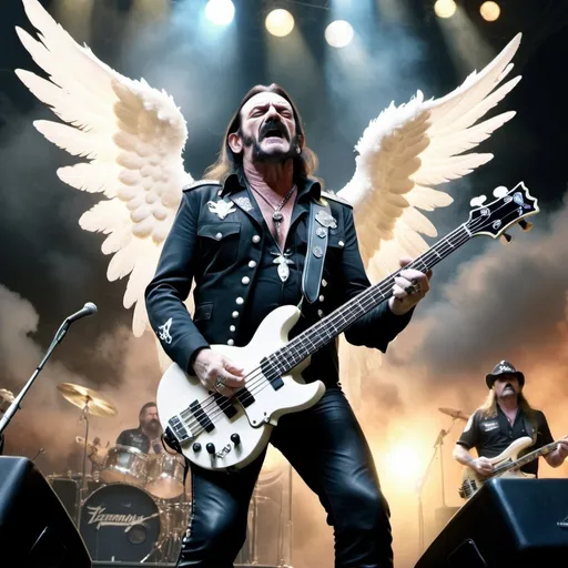Prompt: Lemmy Kilmister performing bass and singing on a concert stage in heaven the crowd is made up of classical looking angels and heaven is depicted with fluffy white clouds. 4k uhd photo realism 