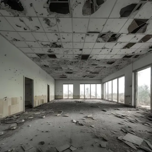 Prompt: Interior of and a long abandoned office building 
