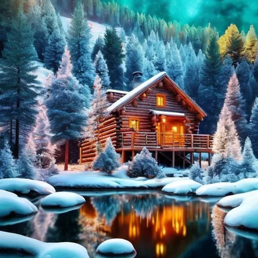 Prompt: A small cabin in snow with a wisp smoke coming out of the chimey with pine trees behind it sitting on a lake shore in the style of Thomas Kincaid 