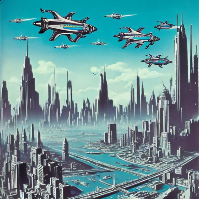 Prompt: 1960s sci fi retro futuristic city skyline with flying cars and people in jetpacks