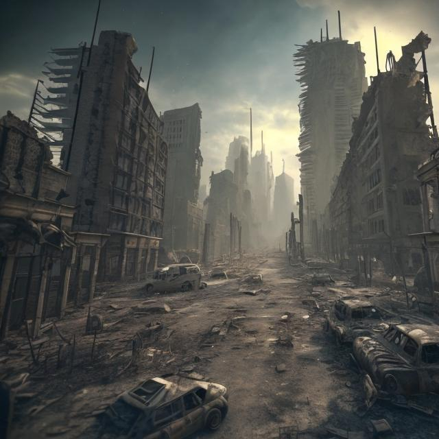 Prompt: Post apocalyptic city in ruins