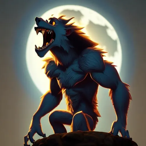 Prompt: Anthropomorphic humanoid werewolf howling at the moon in Pixar style 