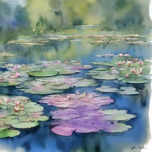Prompt: French water color pond with lily pads
