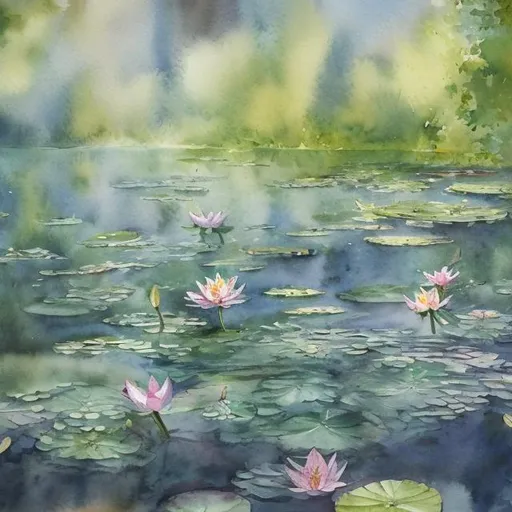 Prompt: French water color pond with lily pads
