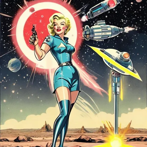 Prompt: A woman with a Marilyn Monroe style of blonde hair wear a 1950's retro futuristic space suite firing a ray gun at at robot charging at her on the surface of Mars with a starry sky. In the style of Al Feldstein's 1950s EC comic book art
