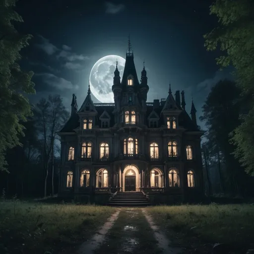 Prompt: Gigantic Abandoned Gothic mansion located inside clearing surrounded by Forrest on a clear night bathed in the light of a full moon. Photo realistic 4k image quality.