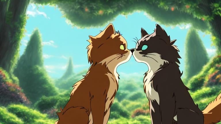 Prompt: Ghibli style furry  humanoid  cat couple holding hands  gazing into each other's eyes in a brightly lit Forrest 