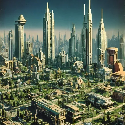 Prompt: A man walks out of his suburban home into his backyard and is stunned to see a miniature city complete with skyscrapers only a foot tall have seemingly appeared as if out of nowhere. Late 1940's science fiction pulp magazine style art.