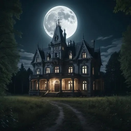 Prompt: Gigantic Abandoned Gothic mansion located inside clearing surrounded by Forrest on a clear night bathed in the light of a full moon. Photo realistic 4k image quality.