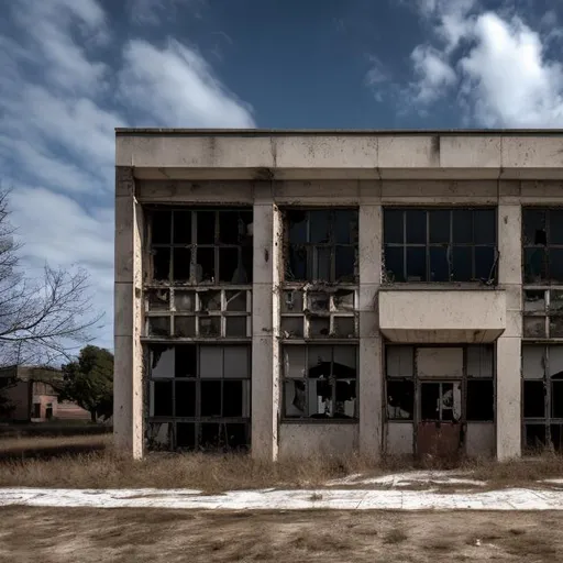 Prompt: Abandoned office building exterior 