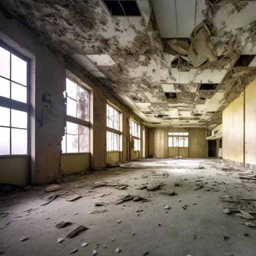 Prompt: Interior of and a long abandoned office building 
