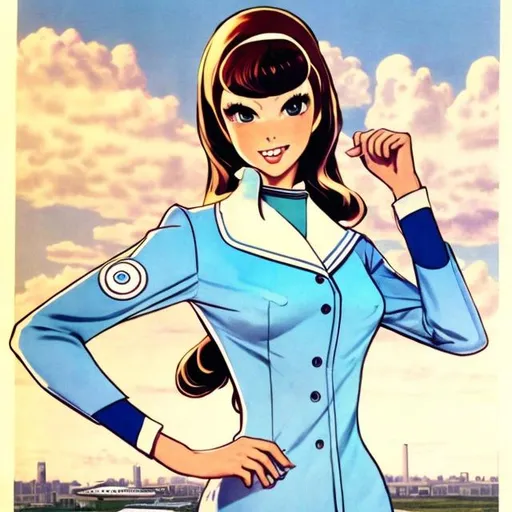 Prompt: Anime woman in a late 60's Pan Am stewardess uniform.