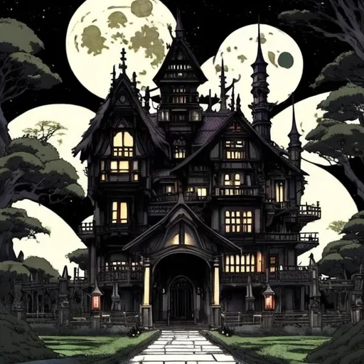 Prompt: Studio ghibli dark gothic mansion on a hill on the night of a full moon 