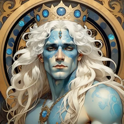 Prompt: A man with blue skin color, very long wavy white hair, wearing a spiked crown with black opals inset, no shirt, golden eyes