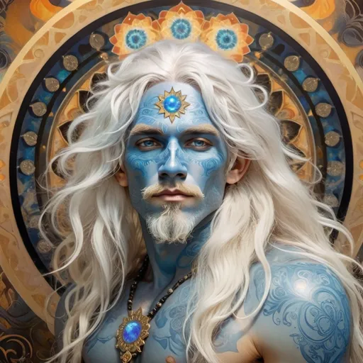 Prompt: A man with blue skin color, very long wavy white hair, wearing a spiked crown with black opals inset, no shirt, bright golden eyes, divine mandala background