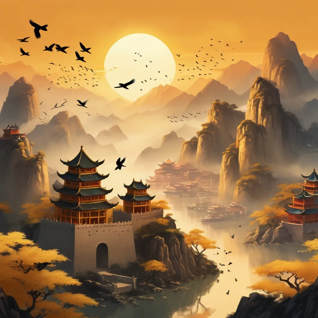 Prompt: create a desktop wallapaper of a chinese landscape filled with mountains, birds, and a fortress. The sun is glinting golden as the sun sets.