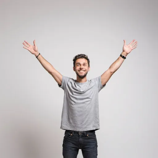 Prompt: A guy standing over a white background with his arms out t posing