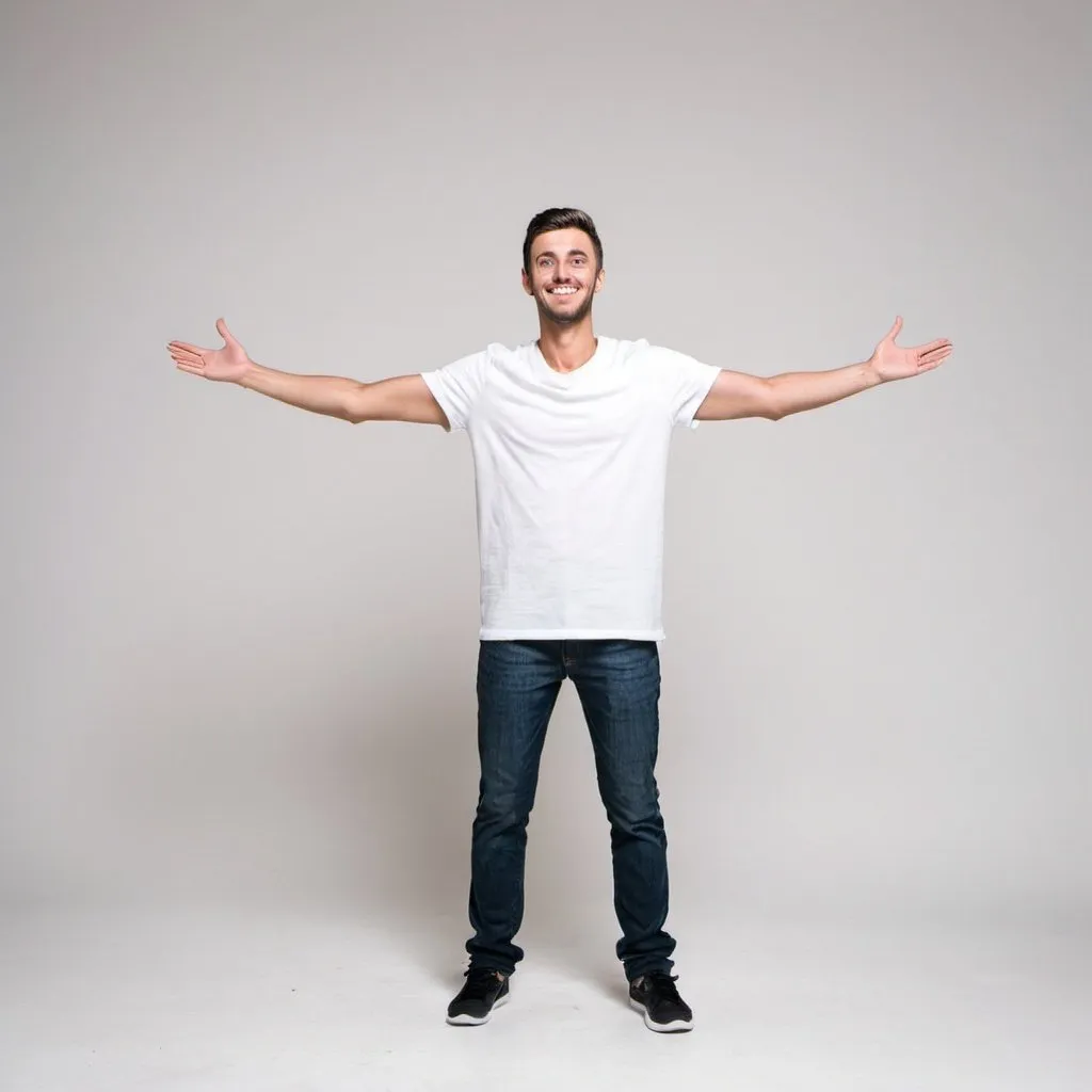 Prompt: A guy standing over a white background with his arms out t posing