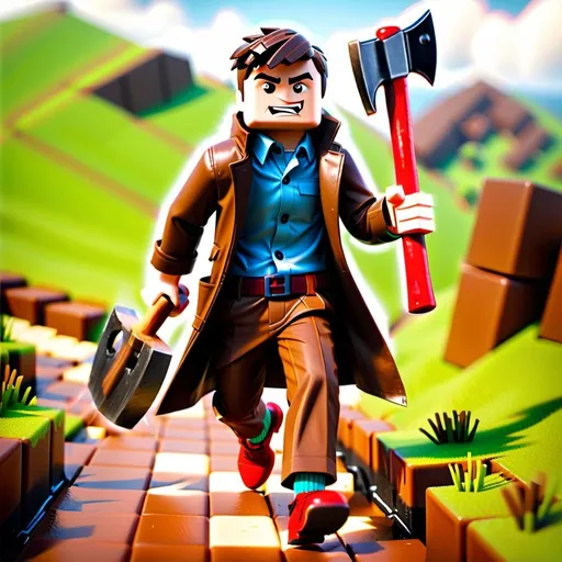 Prompt: A guy with a brown trench coat and brown pants and brown socks, shoes all the same shade of brown, and he looks like a blocky roblox character running with a axe that’s red at the top with a brown handle. only grass hills.