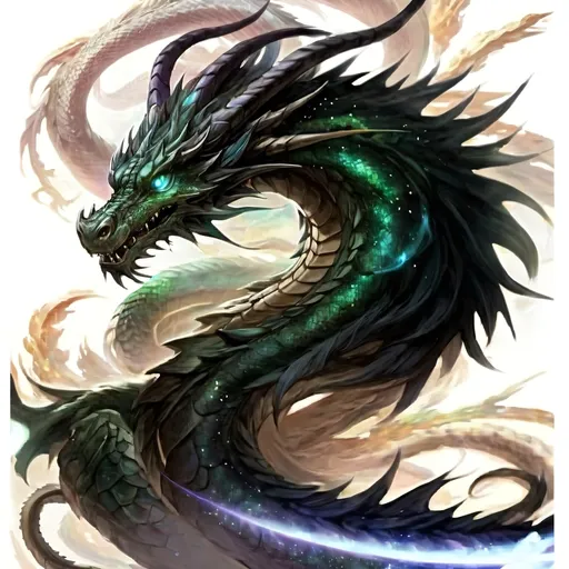 Prompt: Create a high-resolution digital illustration of a mythical dragon, grand and awe-inspiring, watching over Earth from the vastness of space. The dragon should have an ethereal and heavenly appearance, with shimmering, translucent scales that reflect the colors of the cosmos. Its body is massive and serpentine, winding gracefully through the stars, with wings that stretch wide and seem to merge with the nebulae around it.The dragon's eyes should glow with a piercing, otherworldly light, conveying an ancient wisdom and power. Its aura is so strong and majestic that it creates a visible distortion in space around it, making it impossible for any mortal to look directly at it without being overwhelmed. The dragon's presence should radiate an intense, divine energy, giving a sense of both awe and reverence.In the background, depict the Earth as a small, fragile blue orb, illuminated by the dragon's radiant glow. Surround the scene with a tapestry of stars, galaxies, and cosmic dust, enhancing the sense of the dragon's celestial dominion. The overall mood should be majestic, serene, and overwhelmingly powerful