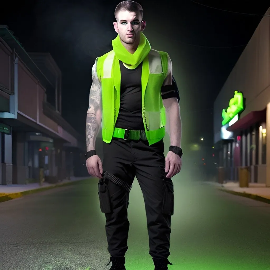 Prompt: white soldier wearing a neon green scarf and black bullet-proof vest and cargo pants and designer black sneakers; background is a strip mall parking lot at 3am with a smoke machine