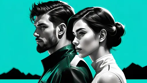 Prompt: (couple of people looking at something in the distance), bright teal-green background, black and white photo, Avgust Černigoj, Lyco art style, Behance HD, computer graphics, high contrast, ultra-detailed, cinematic depth, dramatic lighting, sleek and stylish atmosphere, minimalistic elements, focused expressions, distant gaze, HD quality+++